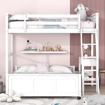 Ball & Cast Twin Over Full Bunk Bed with Safty Guardrail & Stairway,Heavy Duty Wood Loft Bedframe W/Desk & Drawers,Easy Assembly,Versatile Functional Bedroom Furniture Set for Boy Girl Teens,White