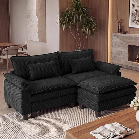 URRED Oversized Modular Sectional Sofa, 87" L Shaped Modern Comfy Cloud Couch with Movable Ottoman & Pillows, Deep Seat Couches for Living Room, Bedroom or Apartment (Corduroy Black, 87" L Shaped)