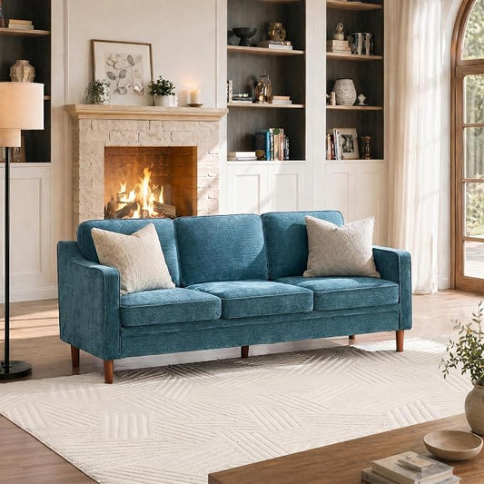 Kingfun 80" Chenille Sofa, 3 Seater Couch, Mid Century Modern Couches with Solid Wood Legs for Living Room Bedroom