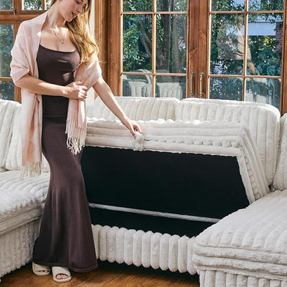 Belffin Corduroy Modular Sectional Sleeper Sofa with Pull Out Bed Small Sectional Couches with Storage for Living Room Apartment Couch. Beige Couch