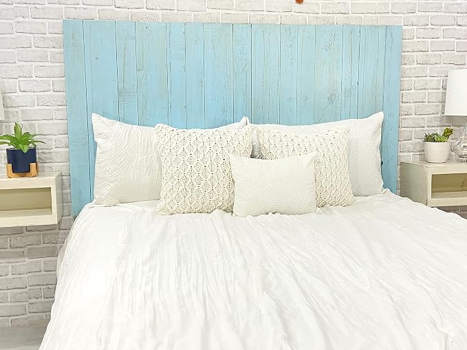 Barn Walls Baby Blue Headboard, Cottage Design Weathered, Solid Wood Headboard Floating Panels Wall Mount, Adjustable Height Easy Assembly, Queen Size