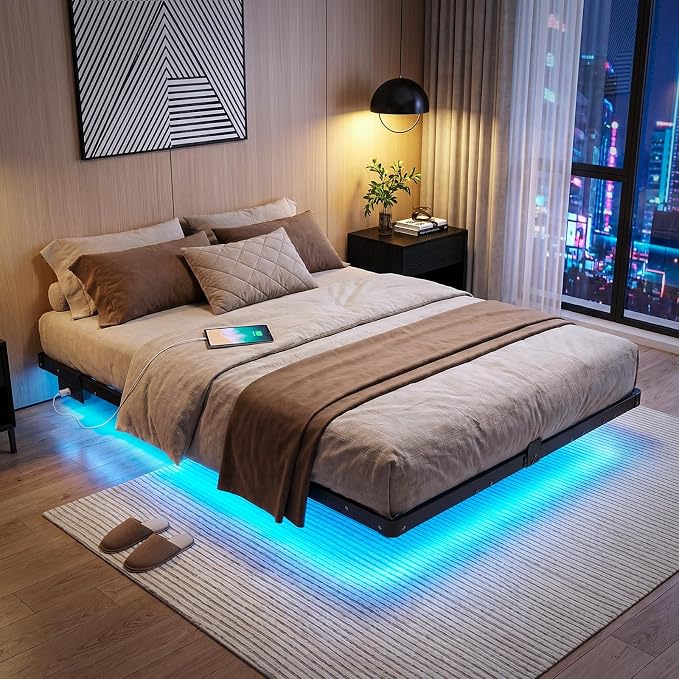 Liians Full Size Modern Floating Bed Frame with Smart LED Lights, USB Charging Station, Sturdy Metal Platform, No Box Spring Needed, and Easy Assembly