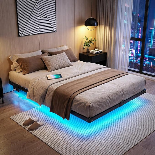 Liians Full Size Modern Floating Bed Frame with Smart LED Lights, USB Charging Station, Sturdy Metal Platform, No Box Spring Needed, and Easy Assembly