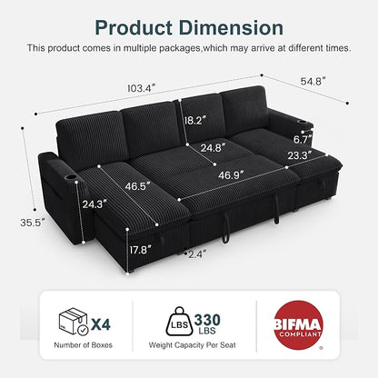 Sectional Sleeper Sofa with Pull Out Bed, Plush Corduroy Sectional Sofa with Double Storage Chaise and Adjustable Backrest, Cloud Sectional Couches for Living Room, Apartment, Black
