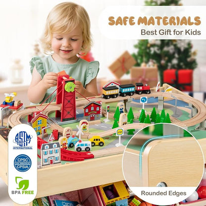 Costzon Train Table, 3-in-1 Wooden Activity Table W/ 3 Storage Bins, Reversible 94 PCS Track Train Toys & Table Map for Building, Playing, Studying, Eating, Kids Train Set Table for Boys Girls Aged 3+