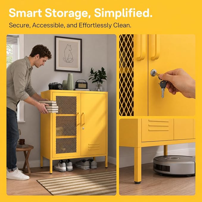 Yellow Lockable Metal Storage Cabinet, Multi-Functional Locker with Adjustable Shelf,Metal Double Door Sideboard for Kitchen Home Office Size：33" H X 29.5" W X 13.8" D