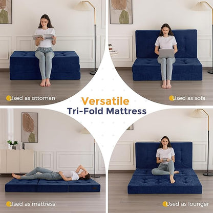 MAXYOYO 6" Folding Sofa Bed for Floor, Tufted Tri-Fold Floor Mattress with Chenille Fabric, Full Size Portable Sofa Couch Guest Mat for Adults, Foldable Topper for Camping, Navy, 53"x75"