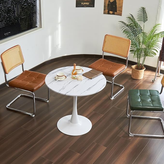 Round Dining Table, 31.5" Circle Tulip Table with Thickened Tabletop & Metal Pedestal, Mid Century Modern Bistro Table for Kitchen, Small Places, Living Room, Cafe (Faux Marble White)