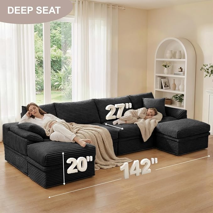 142" Modular U-Shaped Sectional Sofa with Storage, 4-Seat Corduroy Boneless Couch, 27" Deep Seat Cloud Couch & 2 Movable Ottoman, Tool-Free Assembly, Couch for Living Room, Black