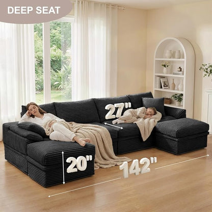 142" Modular U-Shaped Sectional Sofa with Storage, 4-Seat Corduroy Boneless Couch, 27" Deep Seat Cloud Couch & 2 Movable Ottoman, Tool-Free Assembly, Couch for Living Room, Black
