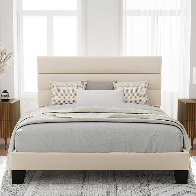 Allewie Full Size Platform Bed Frame with Velvet Upholstered Headboard and Wooden Slats Support, Fully Upholstered Mattress Foundation/No Box Spring Needed/Easy Assembly, Cream