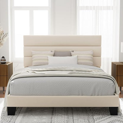 Allewie Full Size Platform Bed Frame with Velvet Upholstered Headboard and Wooden Slats Support, Fully Upholstered Mattress Foundation/No Box Spring Needed/Easy Assembly, Cream