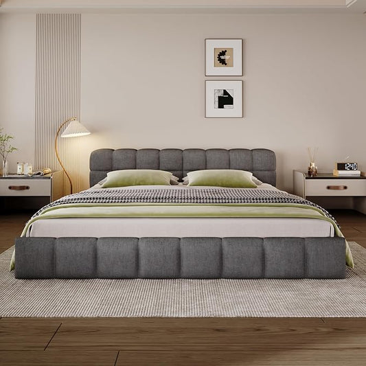 Merax King Size Elegant Chenille Upholstered Platform Bed with Thick Headboard and Footboard, Block Style Upholstery Grounded Bed Frame, Gray