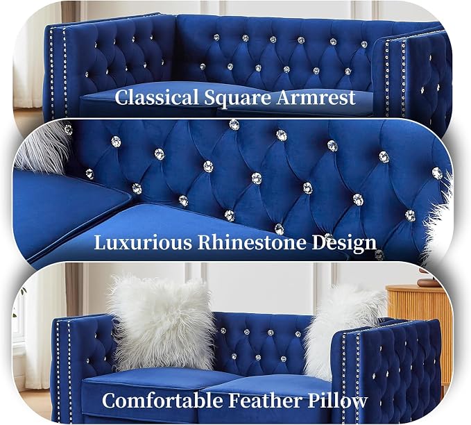 60" Chesterfield Sofa, Velvet Mid-Century Modern Upholstered Loveseat Sofa with 2 Throw Pillows and Acrylic Legs, Nailhead Button Tufted Vintage Couch for Living Room, Apartment, Blue