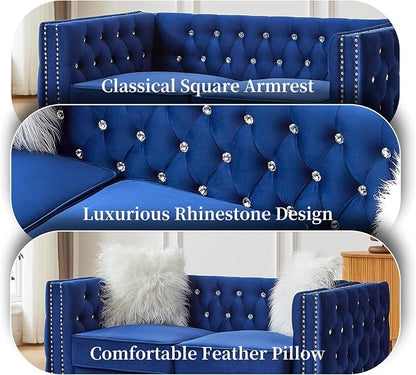 60" Chesterfield Sofa, Velvet Mid-Century Modern Upholstered Loveseat Sofa with 2 Throw Pillows and Acrylic Legs, Nailhead Button Tufted Vintage Couch for Living Room, Apartment, Blue