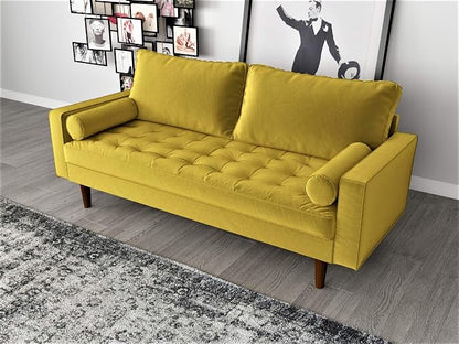 Container Furniture Direct Womble Mid Century Modern Velvet Upholstered Tufted Seat with Bolster Pillows, Loveseat, Sofa, Goldenrod