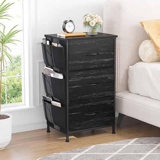 Night Stand Set 2, Night Stand with Drawers for Bedroom, Bedside Table with Wooden Top, Sturdy Steel Frame End Table, Dorm Nightstand for Bedroom, Entryway, Hallway, Closet, Cloth Bags, Hooks, Black