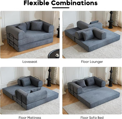 ZEIINPA 59“ Convertible Floor Sofa Bed, 5-in-1 Futon Sofa Bed Pull Out Sleeper Couch, Modern Corduroy Compressed Loveseat, Modular Boneless Couches for Living Room, No Assembly Required, Gray