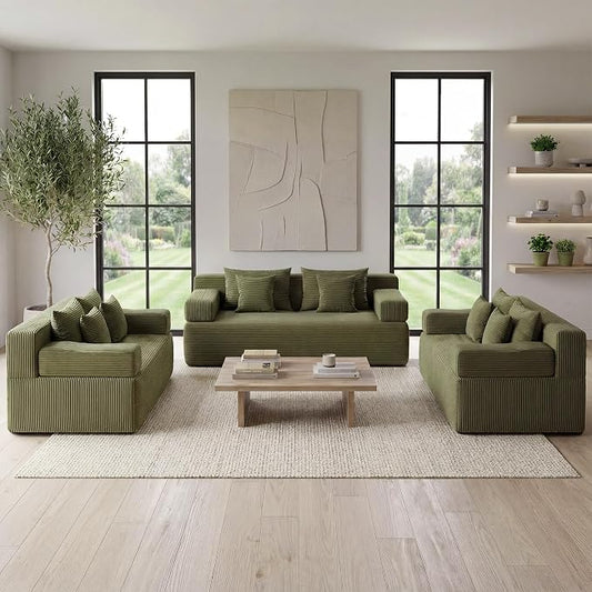 MONVANE 3-Piece Boneless Loveseat Couch Set for Living Room, Oversized Modular Sectional Sofa Set with Removable Armrests, Comfy Corduroy Cloud Couch with 12 Pillows, No Assembly Required, Green