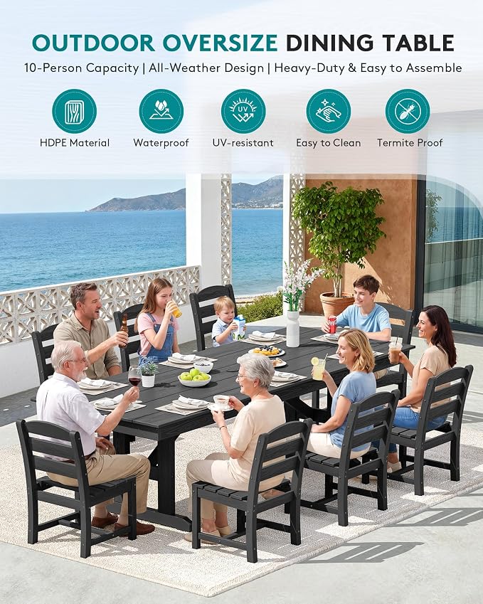 SERWALL 9 Piece 84" HDPE Outdoor Dining Set for 8 with Armless Chairs and Umbrelle Hole, Black