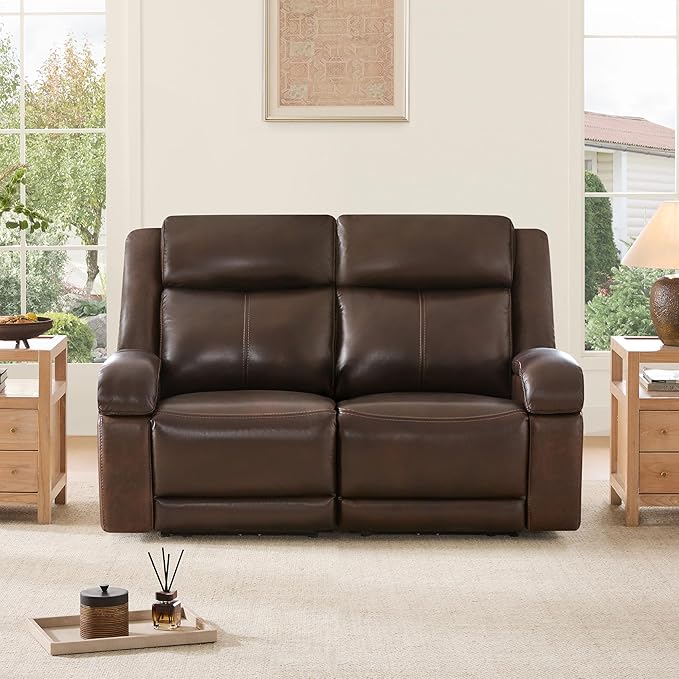 Watson & Whitely Genuine Leather Power Loveseat Recliner Sofa, 2 Seat Wall Hugger Reclining Sofa with Power Headrest & Charging Ports, Dual Recliner Sofas for Living Room, RV, Dark Brown