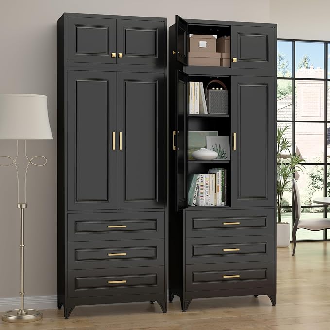 SteeLoong 90" Kitchen Pantry Cabinet with 3 Drawers,Metal Storage Cabinets with Doors and 4 Adjustable Shelves,Black Kitchen Cabinet with 2 Gold Handles,Food Cupboard for Livingroom, Bathroom,Pantry