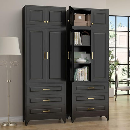SteeLoong 90" Kitchen Pantry Cabinet with 3 Drawers,Metal Storage Cabinets with Doors and 4 Adjustable Shelves,Black Kitchen Cabinet with 2 Gold Handles,Food Cupboard for Livingroom, Bathroom,Pantry