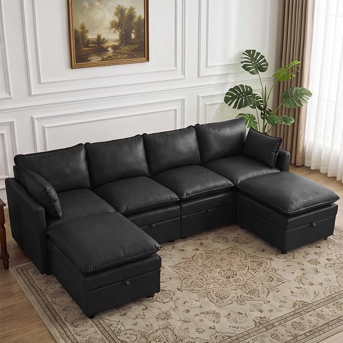 105" Black Faux Leather Storage 4 Seater Sofa with 2 Ottomans, Comfy Couch | Convertible Modular Sectional Sofa, U Shaped Oversized Couch, Upholstered Large Cloud Couch For Living Room, Apartment.