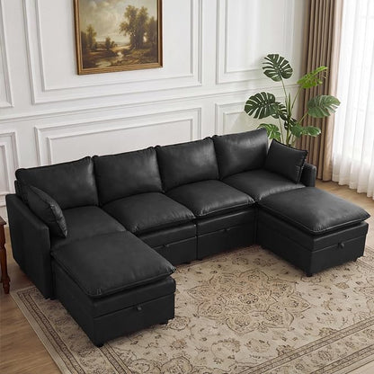 105" Black Faux Leather Storage 4 Seater Sofa with 2 Ottomans, Comfy Couch | Convertible Modular Sectional Sofa, U Shaped Oversized Couch, Upholstered Large Cloud Couch For Living Room, Apartment.