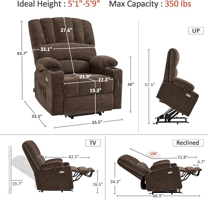 MCombo Power Lift Recliner Chair for Elderly, Lift Chair with Heat and Massage, USB &Type C Ports, Cup Holders, Fabric 7095 (Medium, Mocha)