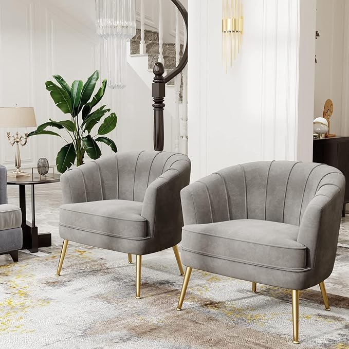 Andeworld Velvet Accent Chair Set of 2, Upholstered Modern Single Sofa Side Chair,Comfy Barrel Club Living Room Armchair with Golden Metal Legs for Bedroom Living Reading Room Office, Grey