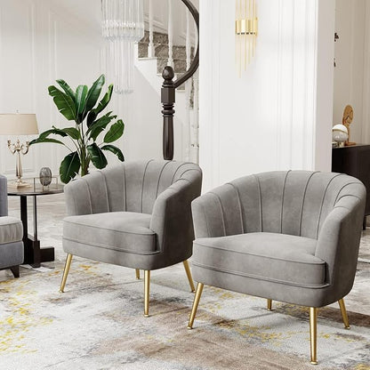 Andeworld Velvet Accent Chair Set of 2, Upholstered Modern Single Sofa Side Chair,Comfy Barrel Club Living Room Armchair with Golden Metal Legs for Bedroom Living Reading Room Office, Grey