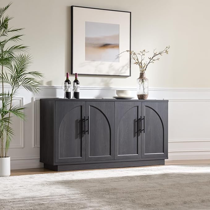Arden Collection 2-Piece Home Bar Cabinet Set, Arched Sideboard and Tall Pantry Cabinets with LED Lighting, Charging Station, Wine Rack and Adjustable Shelves for Dining Room, Kitchen,Black Grey