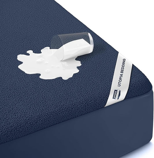Full Size Mattress Protector Waterproof, Premium 200 GSM Terry Mattress Cover, Soft & Breathable Bed Cover, Fitted Sheet Style Stretchable Deep Pockets 15" by Utopia Bedding (Navy Blue)