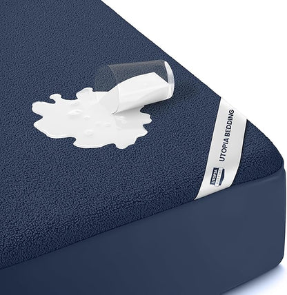 King Size Mattress Protector Waterproof, Premium 200 GSM Terry Mattress Cover, Soft & Breathable Bed Cover, Fitted Sheet Style Stretchable Deep Pockets 17" by Utopia Bedding (Navy Blue)