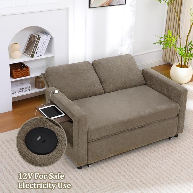 3 in 1 Folding Convertible Sleeper Sofa Bed Pull Out Couch with USB Port Side Pockets Side Table Loveseat Sofa Bed with Adjustable Backrest for Living Room Bedroom Office 66" Darkbrown 2 SEAT