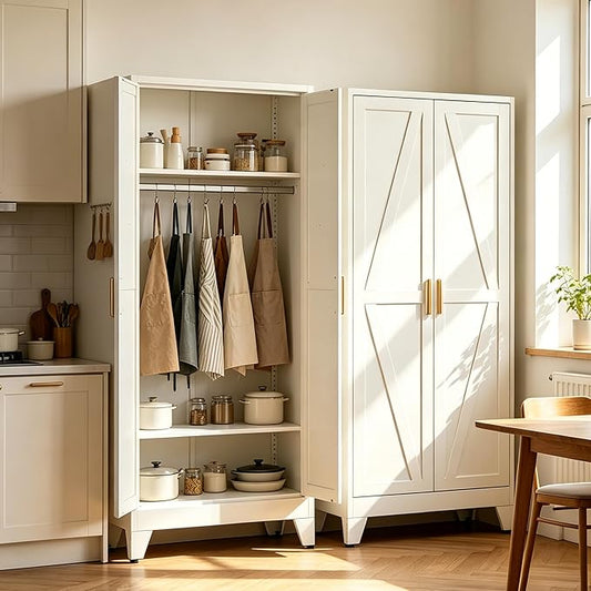 71" H White Pantry Cabinet,Metal Storage Cabinets with Doors and Shelves,Tall Food Kitchen Cabinets,Farmhouse Kitchen Cabinet,Freestanding Cabinet