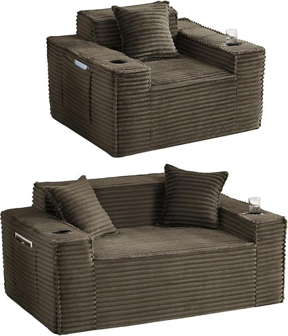2 Pcs Living Room Cloud Sofa Set, Boneless Sofa Couches with Cup Holder and Side Pocket for Compact Living Rooms, Apartments (Brown, Single Chair and Loveseat)