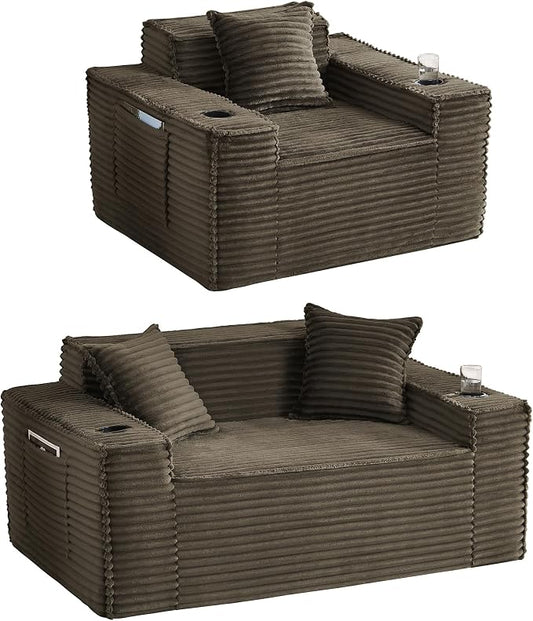 2 Pcs Living Room Cloud Sofa Set, Boneless Sofa Couches with Cup Holder and Side Pocket for Compact Living Rooms, Apartments (Brown, Single Chair and Loveseat)