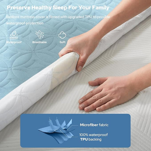 BEDLORE Waterproof Mattress Protector, Queen Size Mattress Pad Noiseless with Deep Pocket 6"-18" Depth, Soft Breathable Dirt-Proof Bed Mattress Cover Washable for Home, Bedroom, Hotel (Sky Blue)