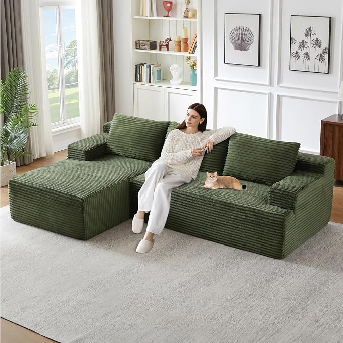 96" Modular Sectional Sofa, Modern Corduroy Cloud Couch, Boneless Couch Upholstered 3-Seater L-Shaped Sofa for Living Room, No Assembly Required (Green, Left-Facing Chaise)