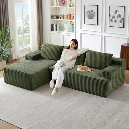 96" Modular Sectional Sofa, Modern Corduroy Cloud Couch, Boneless Couch Upholstered 3-Seater L-Shaped Sofa for Living Room, No Assembly Required (Green, Left-Facing Chaise)
