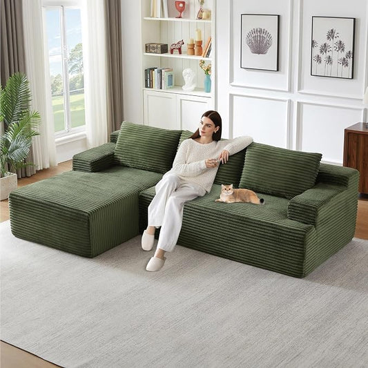 96" Modular Sectional Sofa, Modern Corduroy Cloud Couch, Boneless Couch Upholstered 3-Seater L-Shaped Sofa for Living Room, No Assembly Required (Green, Left-Facing Chaise)