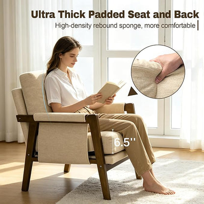RNKSFX Beige Accent Chair for Bedroom & Living Room, Mid Century Modern Accent Arm Chair, Upholstered Anthropologie Accent Chair with Solid Wood Frame, Fabric