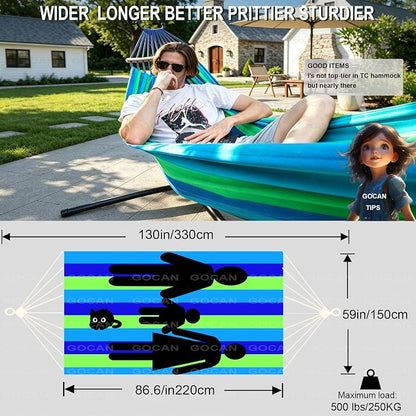 GOCAN Double Hammock 2 Person Extra Large 220x160cm Total Length 330cm Load 500lb Canvas Cotton Hammock for Patio Porch Garden Backyard Lounging Outdoor and Indoor with Removable Spreader bar
