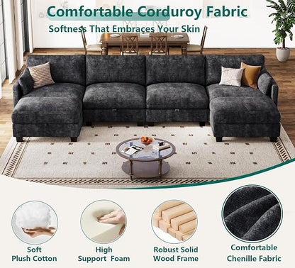 Modular Sectional U Shaped Sofa Couches for Living Room, Cloud Couch with Storage Ottoman, Comfy Chenille Sofa with Pillow, Black