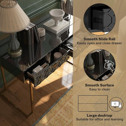 Clihome 42'' Home Office Desks, Modern Writing Desk with Drawers, Modern Simple Desk with Golden Legs and X-Shaped Bracket