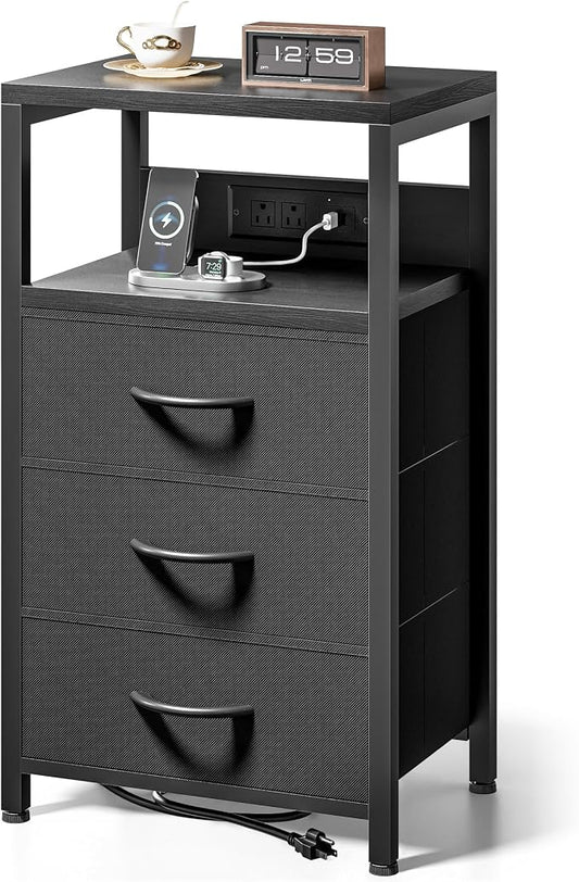 Lazzanto NightStand Bedside Charging Table Bedroom - Night Stand with Charger Station, Black Modern Bed Side End Table with Open Shelf & 3 Fabric Drawers, USB-C Port for Dorm, Living Room