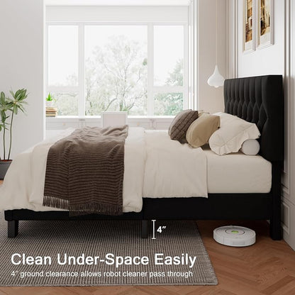 Einhomn Full Upholstered Bed Frame with Headboard, Button Tufted Linen Bed Base, Platform Bed with Wood Slat, Heavy Duty, Easy Assembly, No Box Spring Needed, Black