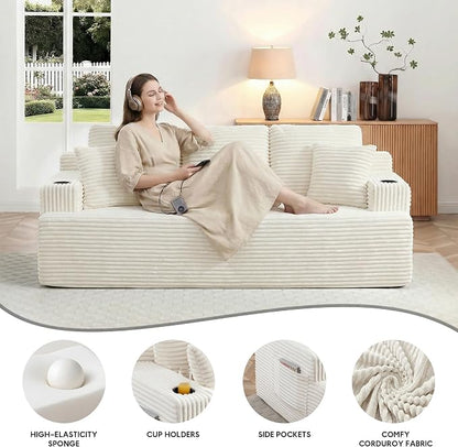86.2'' Boneless Sofa Couch with Cup Holders & Side Pockets, Modern Corduroy Fabric Upholstered 3-seat Couch with 2 Throw Pillows for Living Room, Office, No Assembly (Beige)